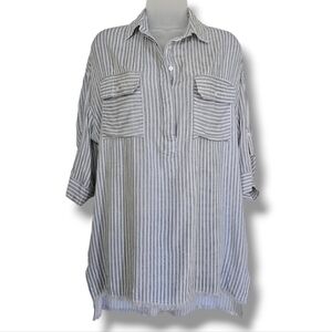 Aura Shirt Womens Size S Gray White Striped Rayon Oversized Pockets Elbow Sleeve